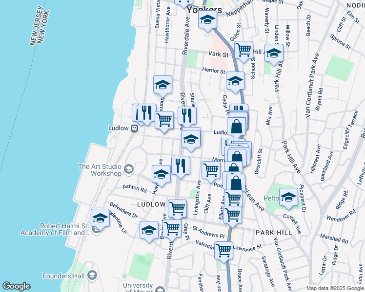 map of restaurants, bars, coffee shops, grocery stores, and more near 280 Riverdale Avenue in Yonkers
