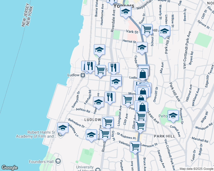map of restaurants, bars, coffee shops, grocery stores, and more near 18 Pier Street in Yonkers