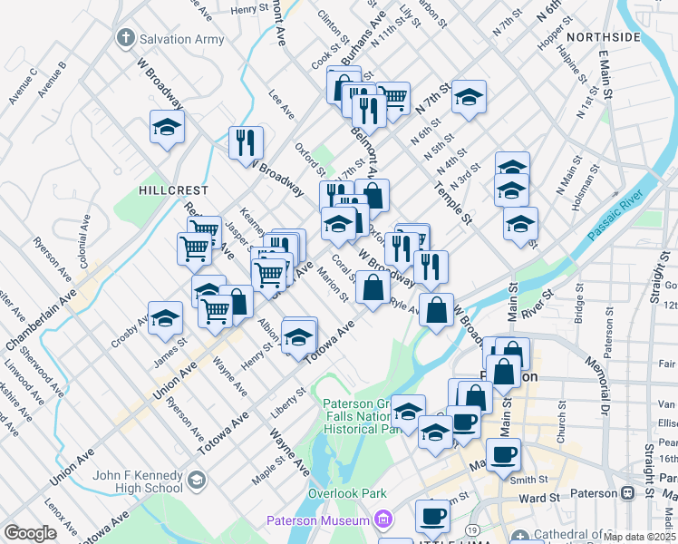 map of restaurants, bars, coffee shops, grocery stores, and more near 113 Coral Street in Paterson