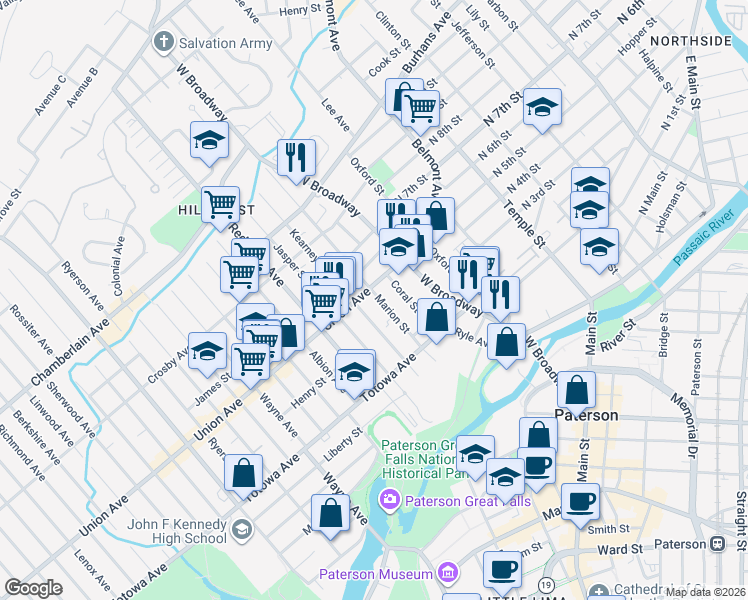 map of restaurants, bars, coffee shops, grocery stores, and more near 496 Union Avenue in Paterson