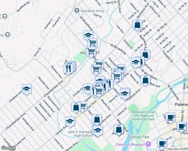 map of restaurants, bars, coffee shops, grocery stores, and more near 159 Sheridan Avenue in Paterson