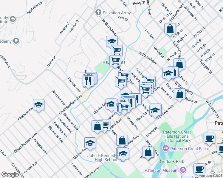 map of restaurants, bars, coffee shops, grocery stores, and more near 159 Sheridan Avenue in Paterson