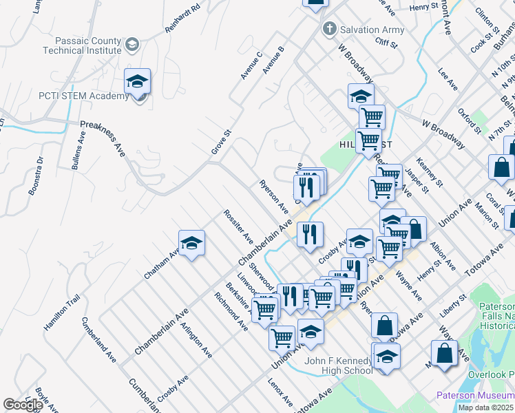 map of restaurants, bars, coffee shops, grocery stores, and more near 405 Preakness Avenue in Paterson
