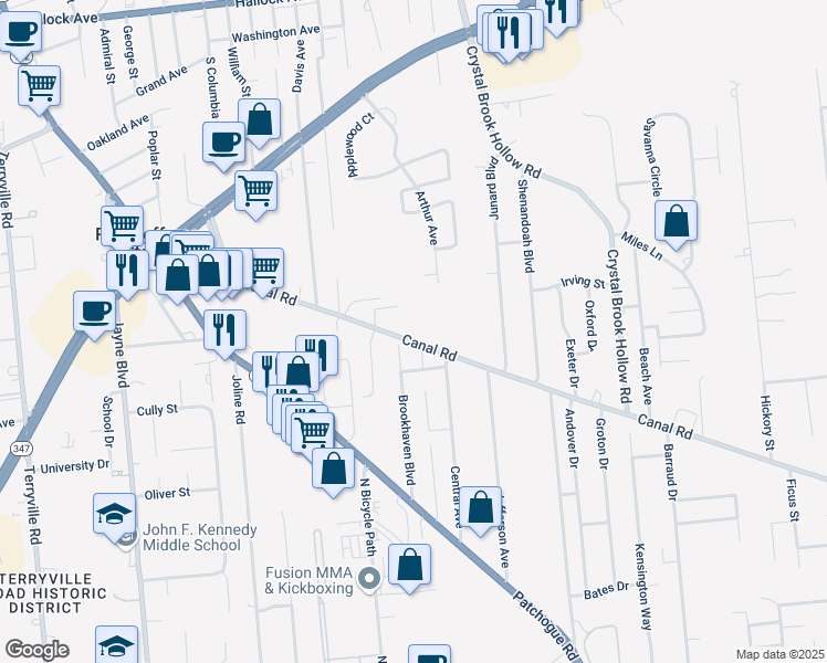 map of restaurants, bars, coffee shops, grocery stores, and more near 177 Canal Road in Port Jefferson Station