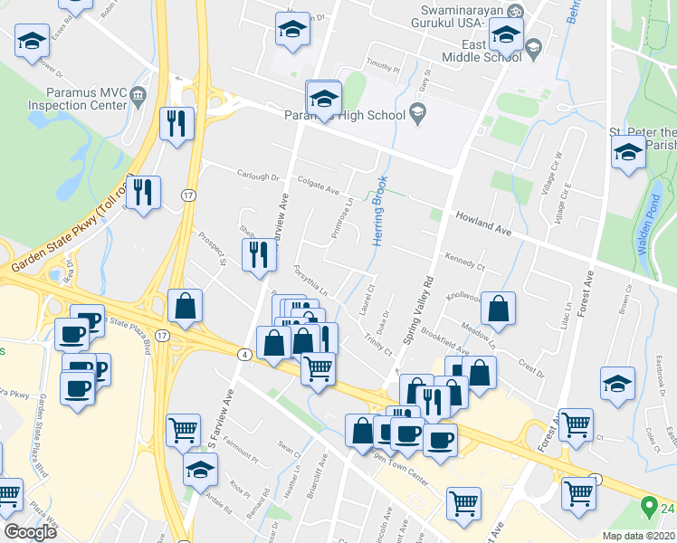 map of restaurants, bars, coffee shops, grocery stores, and more near 26A Millar Court in Paramus