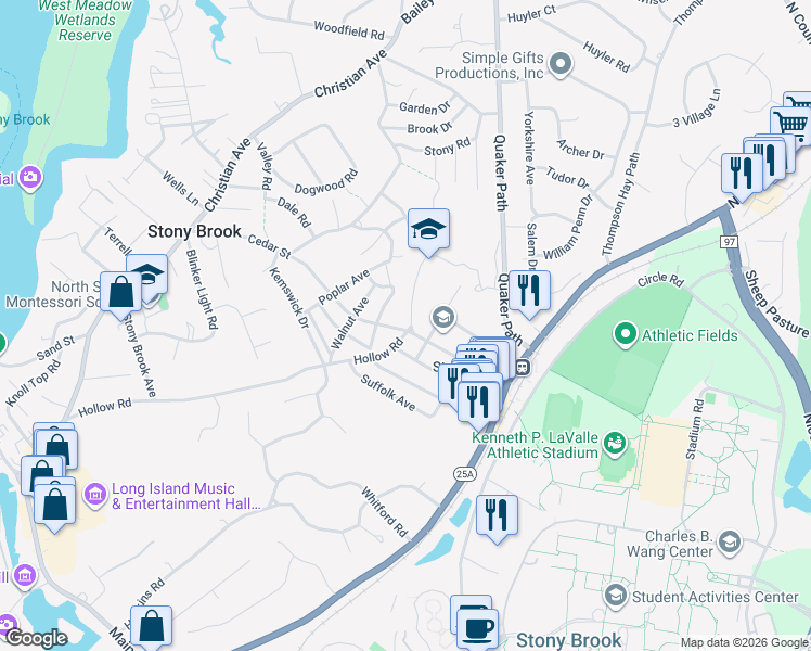 map of restaurants, bars, coffee shops, grocery stores, and more near 2 Saint Marks Avenue in Stony Brook