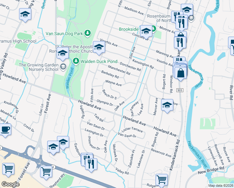 map of restaurants, bars, coffee shops, grocery stores, and more near 195 Beech Drive North in River Edge
