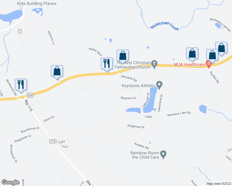 map of restaurants, bars, coffee shops, grocery stores, and more near 153 Skyview Circle in Effort
