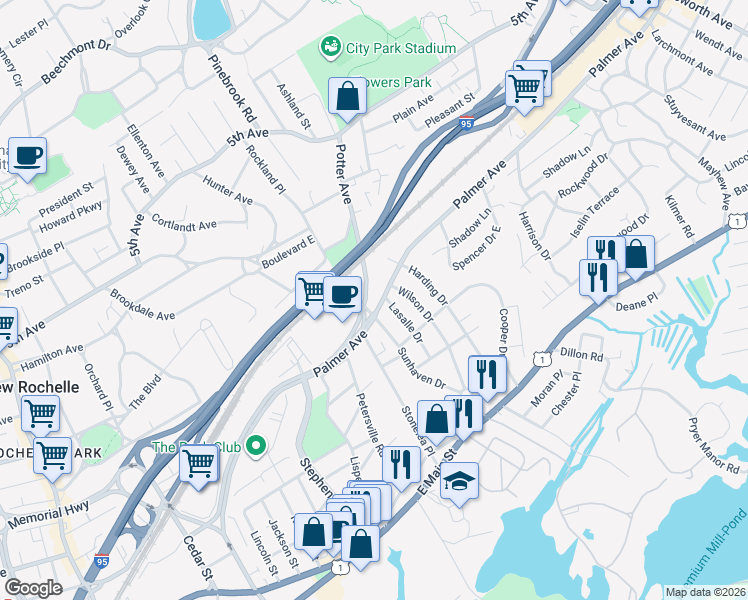 map of restaurants, bars, coffee shops, grocery stores, and more near 2345 Palmer Avenue in New Rochelle