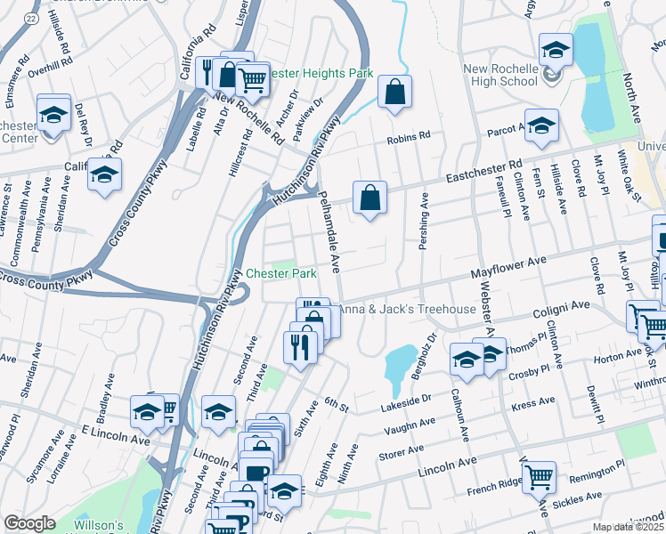 map of restaurants, bars, coffee shops, grocery stores, and more near 70 Central Avenue in Village of Pelham