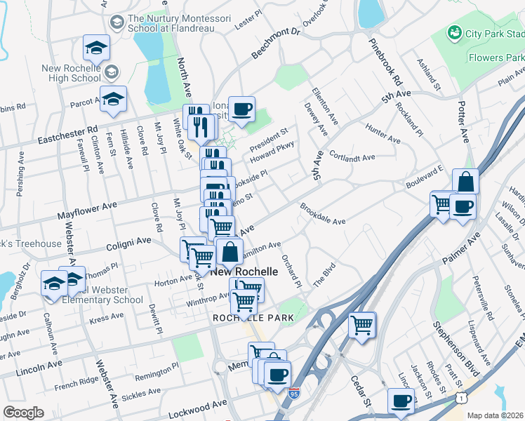 map of restaurants, bars, coffee shops, grocery stores, and more near 1 Koch Street in New Rochelle