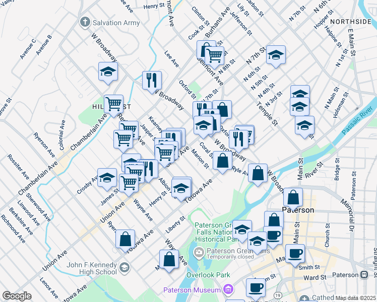 map of restaurants, bars, coffee shops, grocery stores, and more near 496 Union Avenue in Paterson