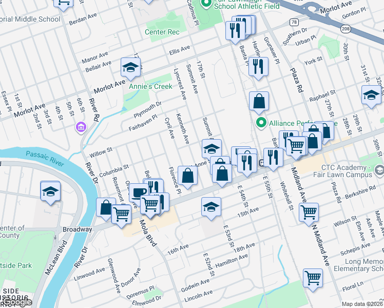 map of restaurants, bars, coffee shops, grocery stores, and more near 2-25 Kenneth Avenue in Fair Lawn