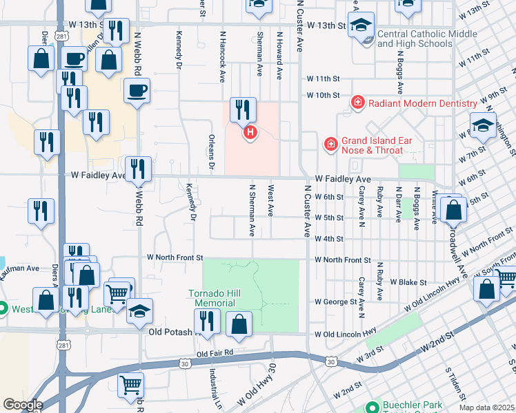map of restaurants, bars, coffee shops, grocery stores, and more near 500-622 North Sherman Avenue in Grand Island