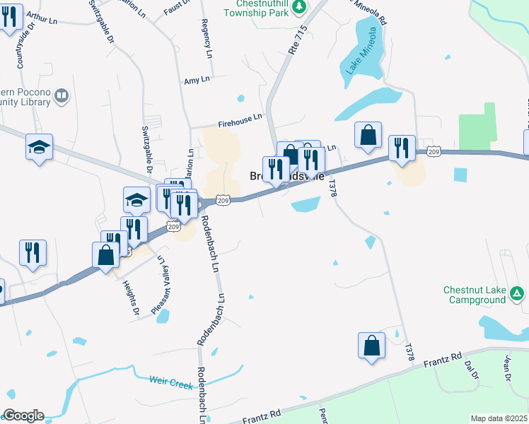 map of restaurants, bars, coffee shops, grocery stores, and more near 111 Claire Lane in Brodheadsville