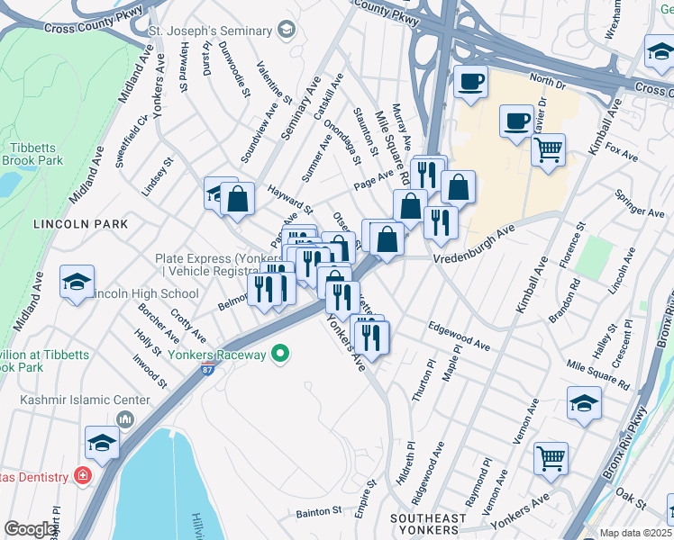 map of restaurants, bars, coffee shops, grocery stores, and more near 16 Emerson Street in Yonkers