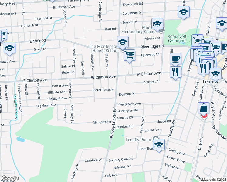 map of restaurants, bars, coffee shops, grocery stores, and more near 309 Knickerbocker Road in Tenafly