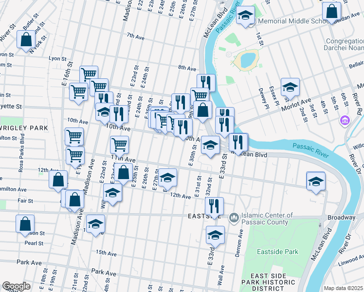 map of restaurants, bars, coffee shops, grocery stores, and more near 380 East 29th Street in Paterson
