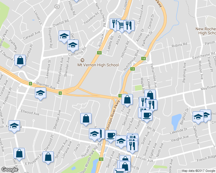 map of restaurants, bars, coffee shops, grocery stores, and more near 32 Hillcrest Road in Mount Vernon