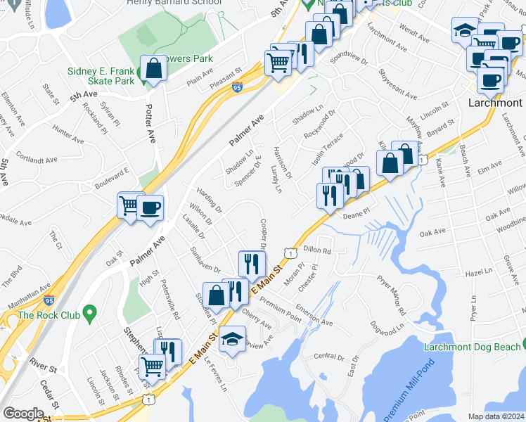 map of restaurants, bars, coffee shops, grocery stores, and more near 110 Cooper Drive in New Rochelle