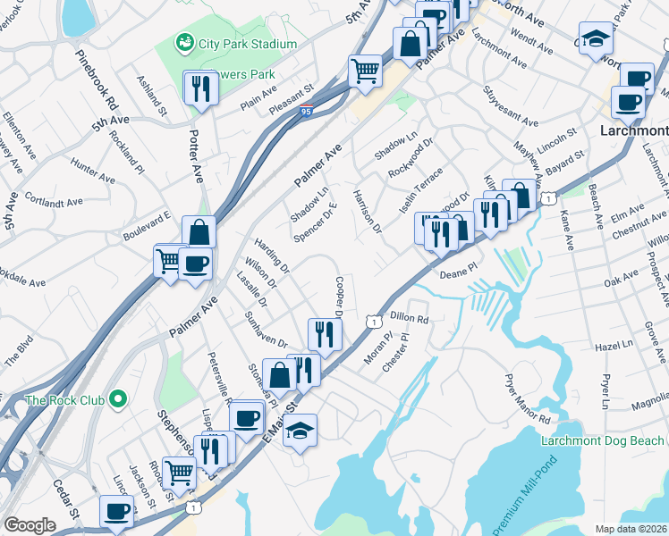 map of restaurants, bars, coffee shops, grocery stores, and more near 110 Cooper Drive in New Rochelle