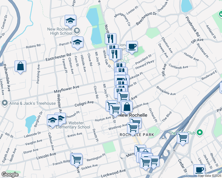 map of restaurants, bars, coffee shops, grocery stores, and more near 14 Saint Pauls Place in New Rochelle