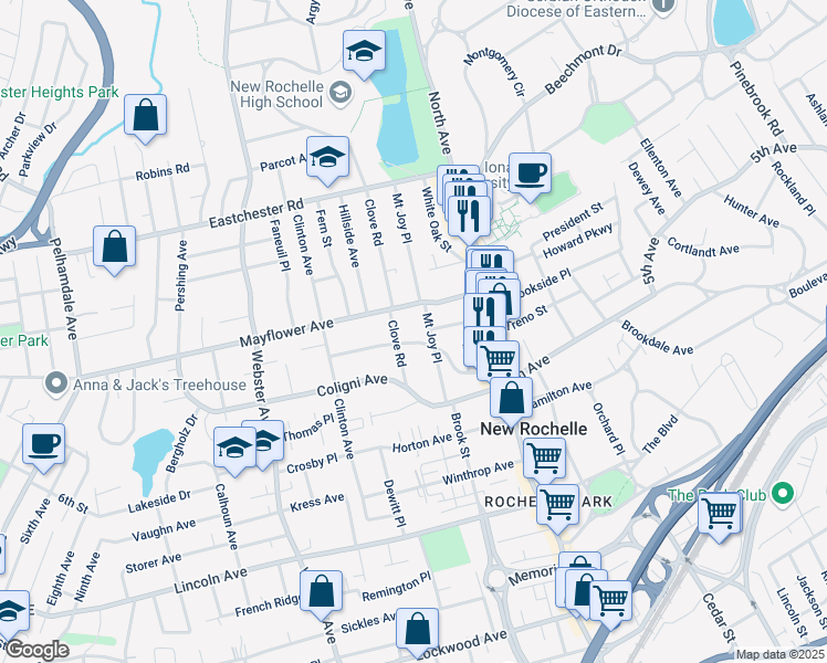 map of restaurants, bars, coffee shops, grocery stores, and more near 83 Chauncey Avenue in New Rochelle