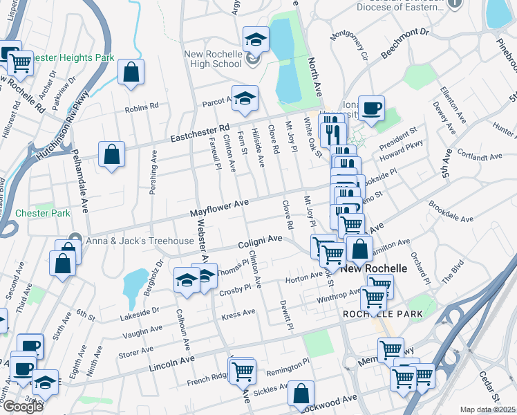 map of restaurants, bars, coffee shops, grocery stores, and more near 183 Clinton Avenue in New Rochelle