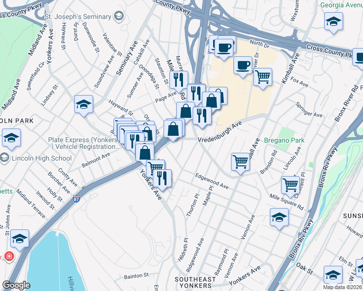 map of restaurants, bars, coffee shops, grocery stores, and more near 18 Vredenburgh Avenue in Yonkers