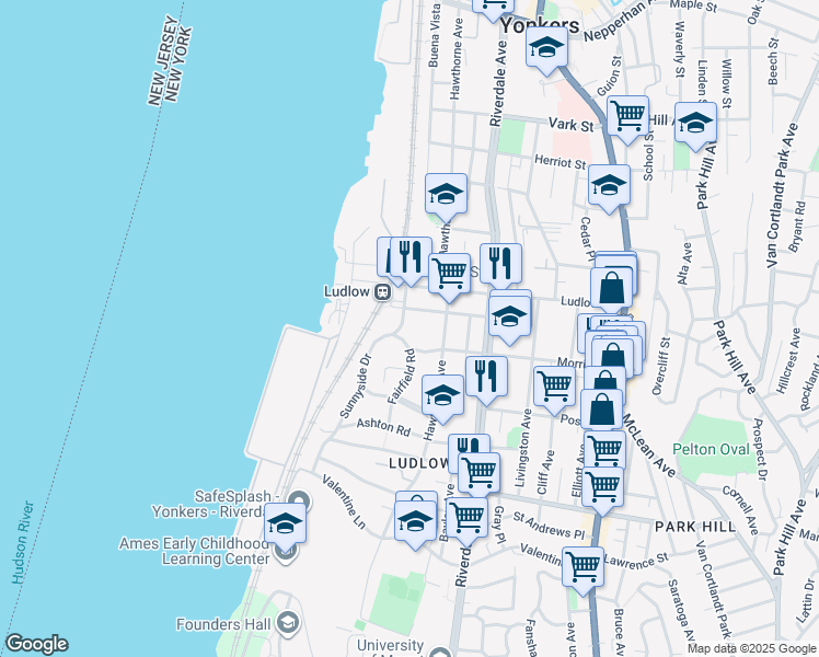 map of restaurants, bars, coffee shops, grocery stores, and more near 42 Pier Street in Yonkers