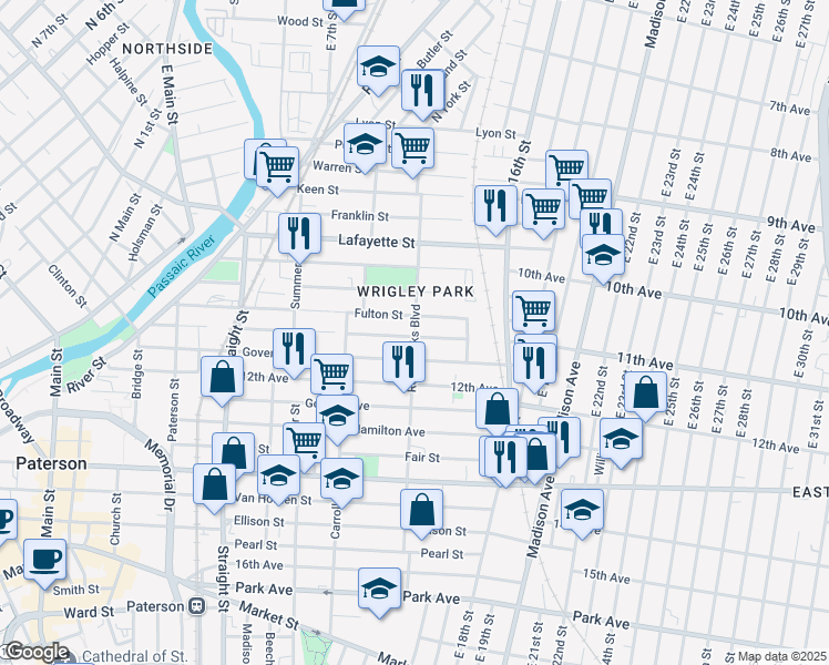 map of restaurants, bars, coffee shops, grocery stores, and more near 163 Rosa Parks Boulevard in Paterson