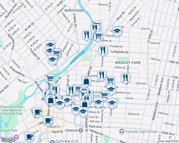 map of restaurants, bars, coffee shops, grocery stores, and more near 69 Straight Street in Paterson