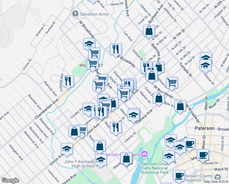 map of restaurants, bars, coffee shops, grocery stores, and more near 116 Redwood Avenue in Paterson
