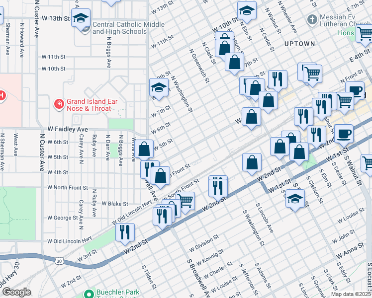 map of restaurants, bars, coffee shops, grocery stores, and more near 352-398 N Adams St in Grand Island