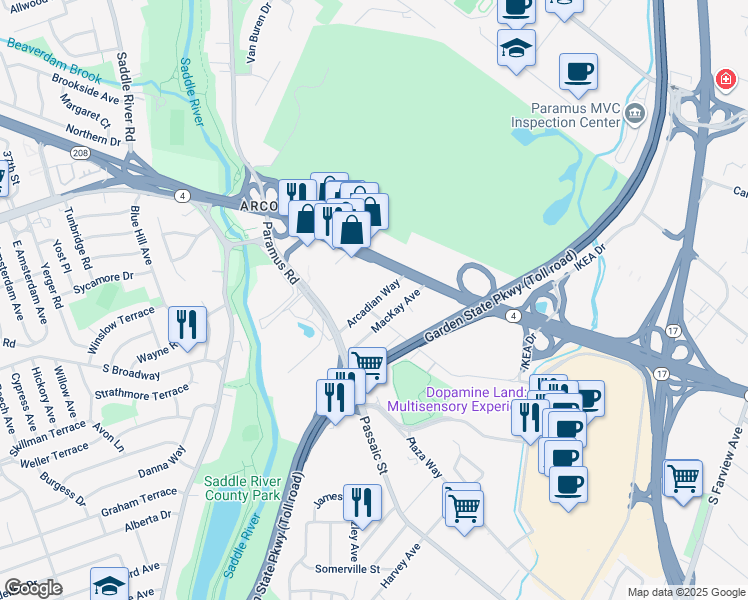 map of restaurants, bars, coffee shops, grocery stores, and more near 17-25 Arcadian Way in Paramus