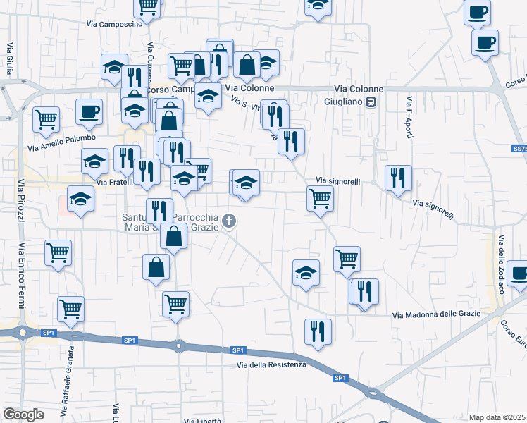 map of restaurants, bars, coffee shops, grocery stores, and more near 44 Via Gabriele D'Annunzio in Giugliano in Campania