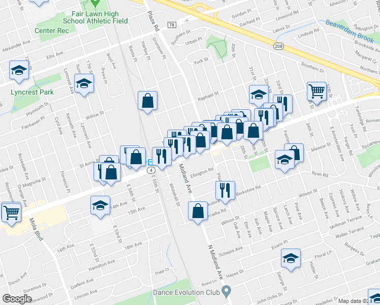 map of restaurants, bars, coffee shops, grocery stores, and more near 23-13 Broadway in Fair Lawn