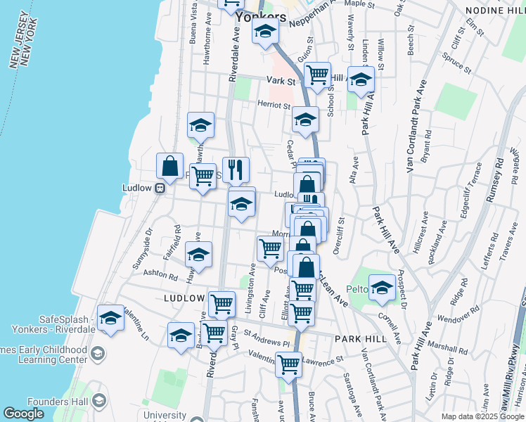 map of restaurants, bars, coffee shops, grocery stores, and more near 22 Livingston Avenue in Yonkers