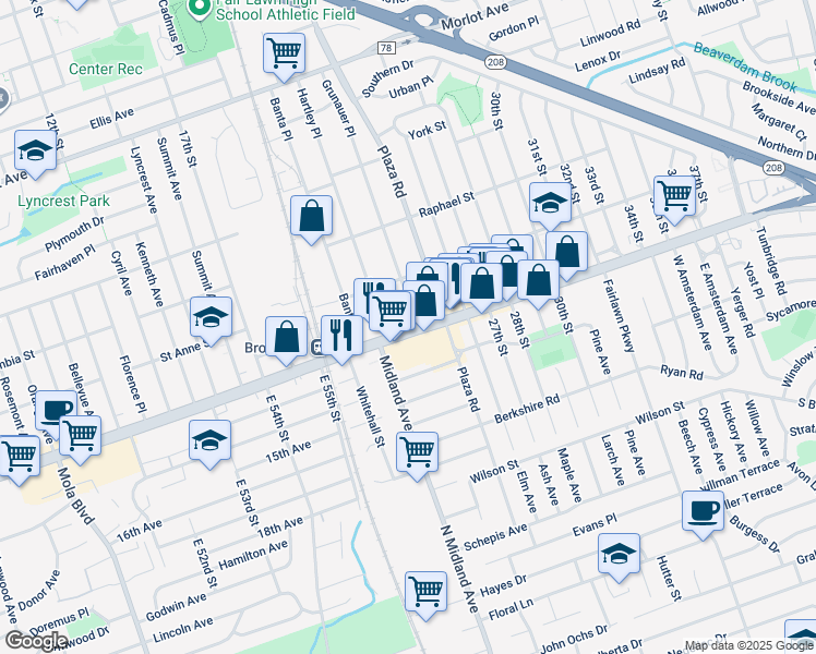 map of restaurants, bars, coffee shops, grocery stores, and more near 23-13 Broadway in Fair Lawn