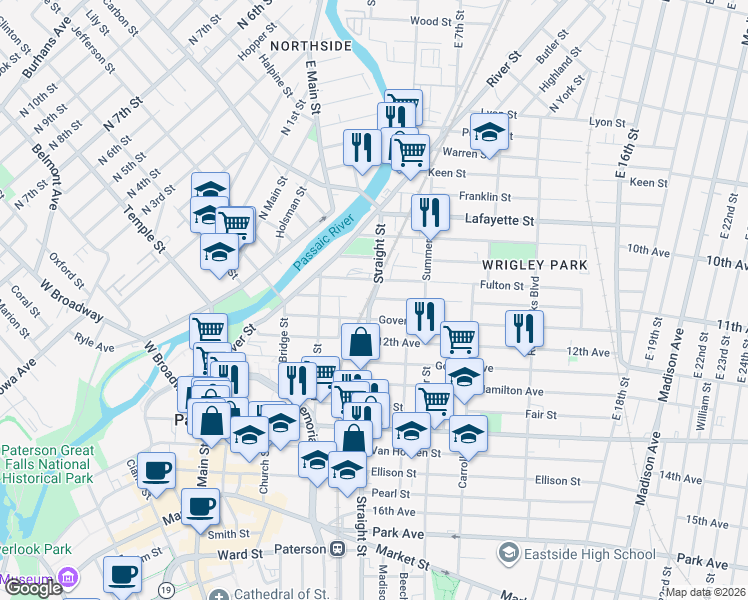 map of restaurants, bars, coffee shops, grocery stores, and more near 69 Straight Street in Paterson
