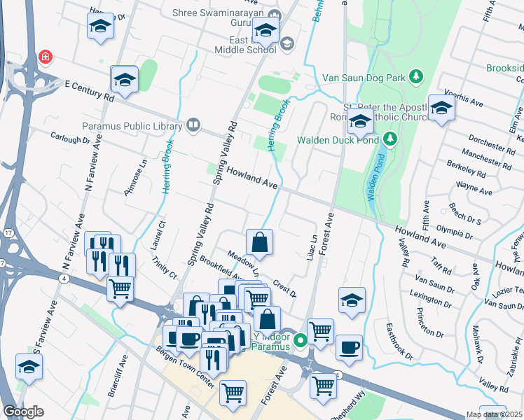 map of restaurants, bars, coffee shops, grocery stores, and more near 171 Kennedy Court in Paramus