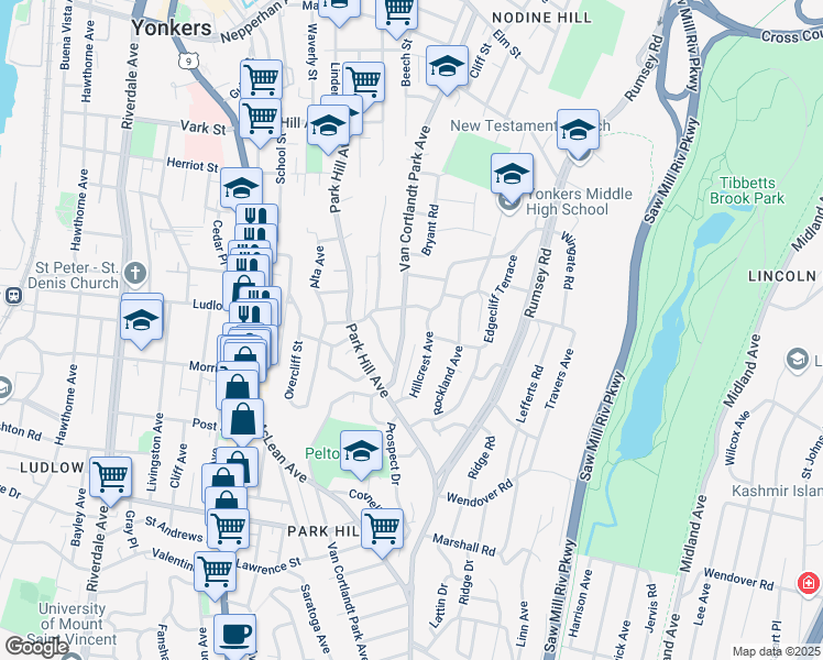 map of restaurants, bars, coffee shops, grocery stores, and more near 248 Van Cortlandt Park Avenue in Yonkers