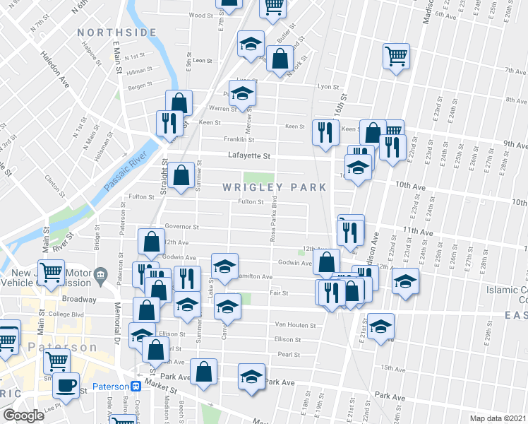 map of restaurants, bars, coffee shops, grocery stores, and more near 209 Harrison Street in Paterson