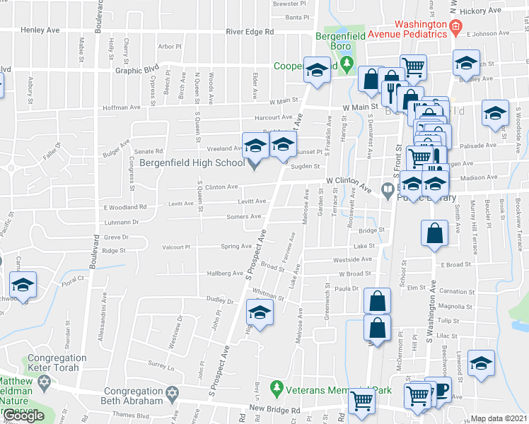 map of restaurants, bars, coffee shops, grocery stores, and more near 148 South Prospect Avenue in Bergenfield