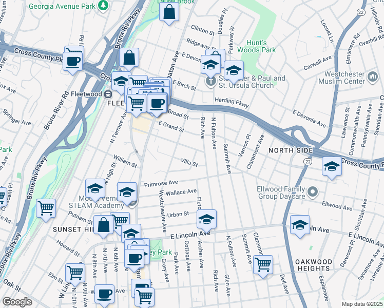 map of restaurants, bars, coffee shops, grocery stores, and more near 366 Livingston Street in Mount Vernon