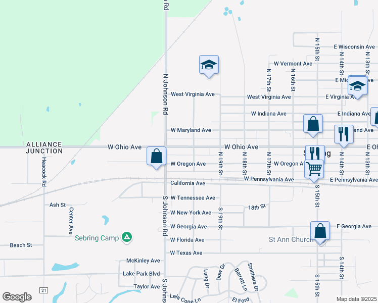 map of restaurants, bars, coffee shops, grocery stores, and more near 615 West Ohio Avenue in Sebring
