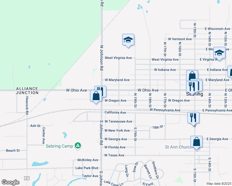 map of restaurants, bars, coffee shops, grocery stores, and more near 615 West Ohio Avenue in Sebring