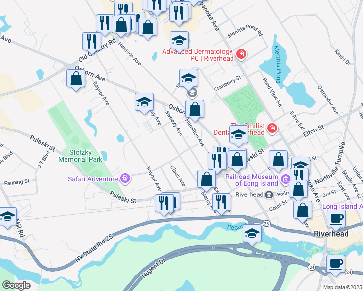 map of restaurants, bars, coffee shops, grocery stores, and more near 409 Sweezy Avenue in Riverhead