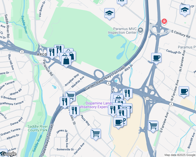 map of restaurants, bars, coffee shops, grocery stores, and more near 101 New Jersey 4 in Paramus