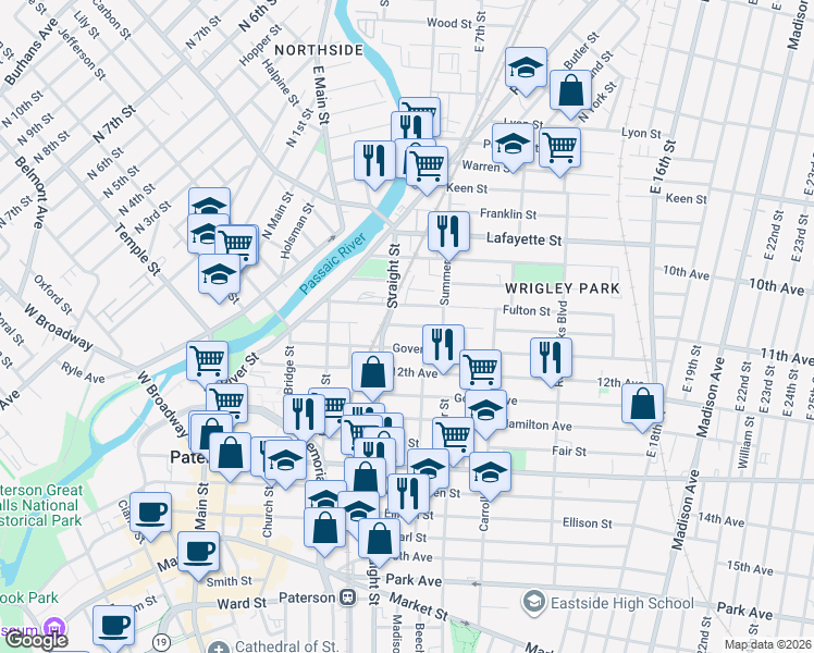 map of restaurants, bars, coffee shops, grocery stores, and more near 96 Harrison Street in Paterson